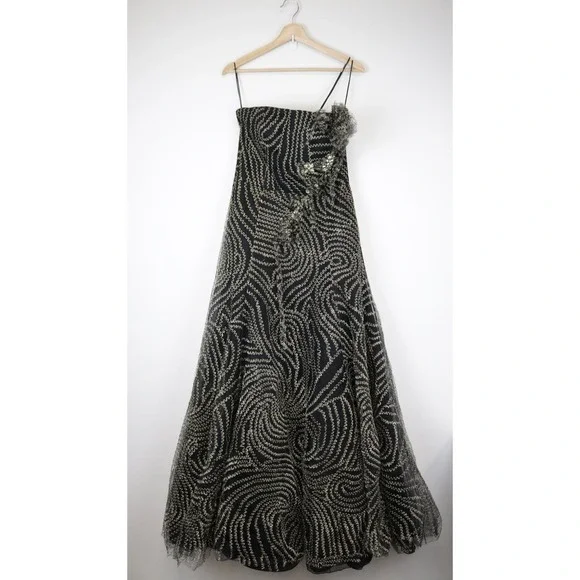 Oscar de la Renta Strapless Black Gold Metallic Swirl Gown Formal Dress Silk 8 - Picture 2 of 11
